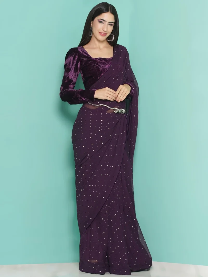 Purple Velvet Blouse and kamdani Saree